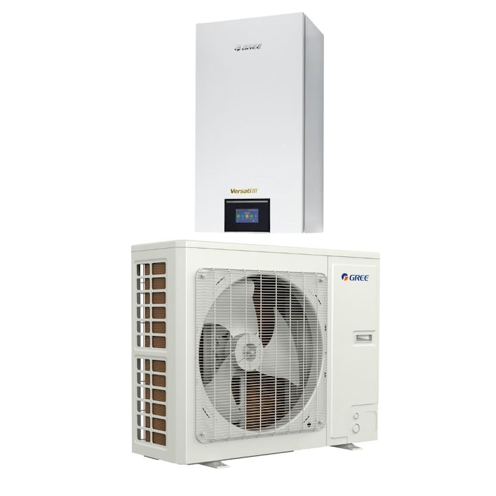Pompă de căldură aer-apă monobloc Gree Versati III Split GRS-CQ10Pd/NhH2-E(I)/GRS-CQ10Pd/NhH2-E(O), încălzire și răcire 9,5kW, Wi-fi, dezinfectare la 80ºC, panou de control, A++, alimentare 230V, kit hidraulic integrat
